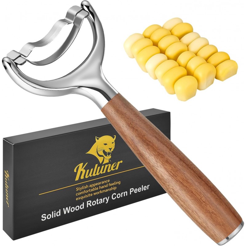 KULUNER Durable Stainless Steel Corn Peeler with Polished Wood Handle Corn on the Cob Stripper Kernel Remover Easy Use Corn Kernel Cutter Kitchen Gadget（Rosewood）