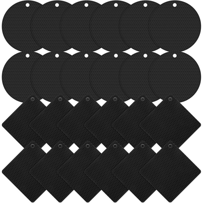 Dandat 24 Pack Silicone Trivets Bulk Non Slip Heat Resistant Hot Pads for Kitchen Countertops Table Pot Holders Mats for Hot Dishes Restaurant Catering Event Party Gathering, Round Square(Black)