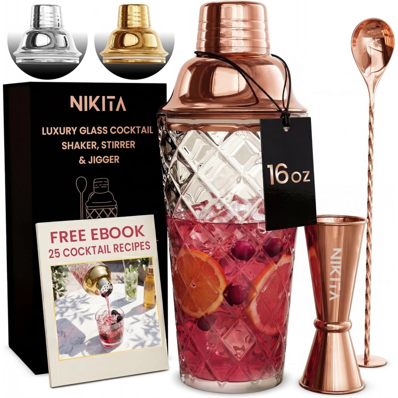 Nikita Cocktail Shaker, 5-Piece Martini Shaker & Bartender Kit with Bar Accessories Strainer, Jigger, Spoon & Muddler, Rose Gold 16oz Drink Mixer with Bartender Accessories
