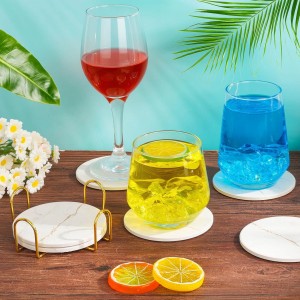 Acejoz Drink Coasters with Holder for Coffee Table, Absorbent Coasters Set of 6, Marble Style Ceramic Coaster for Wooden Table, Suitable for Kinds of Cups, Home Decor, 4 Inches(White)