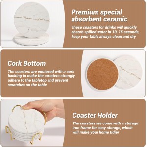 Acejoz Drink Coasters with Holder for Coffee Table, Absorbent Coasters Set of 6, Marble Style Ceramic Coaster for Wooden Table, Suitable for Kinds of Cups, Home Decor, 4 Inches(White)