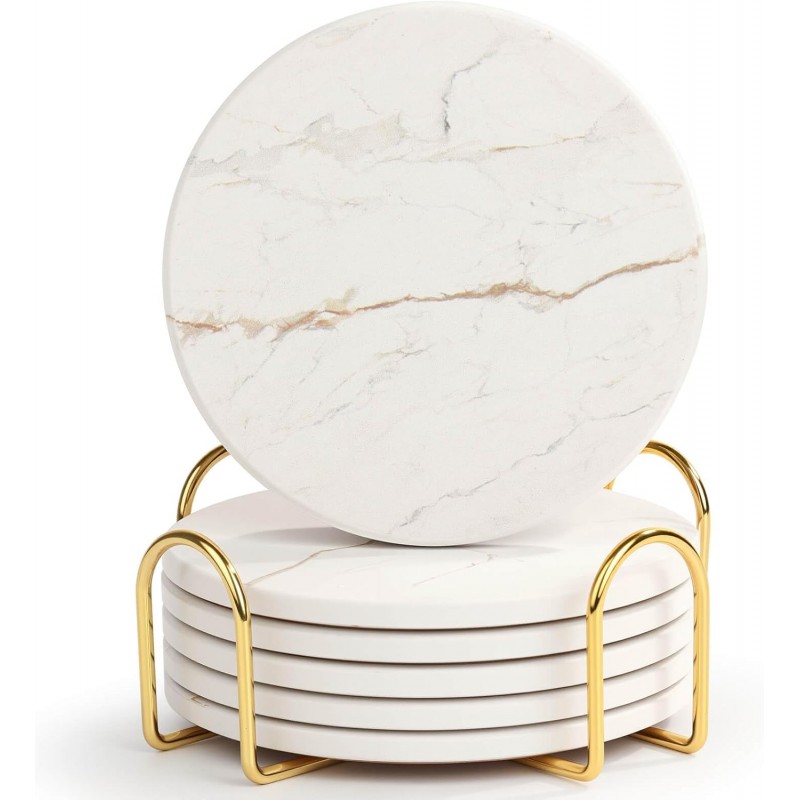 Acejoz Drink Coasters with Holder for Coffee Table, Absorbent Coasters Set of 6, Marble Style Ceramic Coaster for Wooden Table, Suitable for Kinds of Cups, Home Decor, 4 Inches(White)