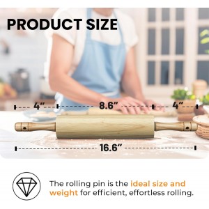 KARRYOUNG Rubber Wood Rolling Pin for Baking, Kitchen Dough Roller With Handles, Rodillo Para Masa, Rolling Pin for Dough, Pizza,Bread, Fondant & Tortilla