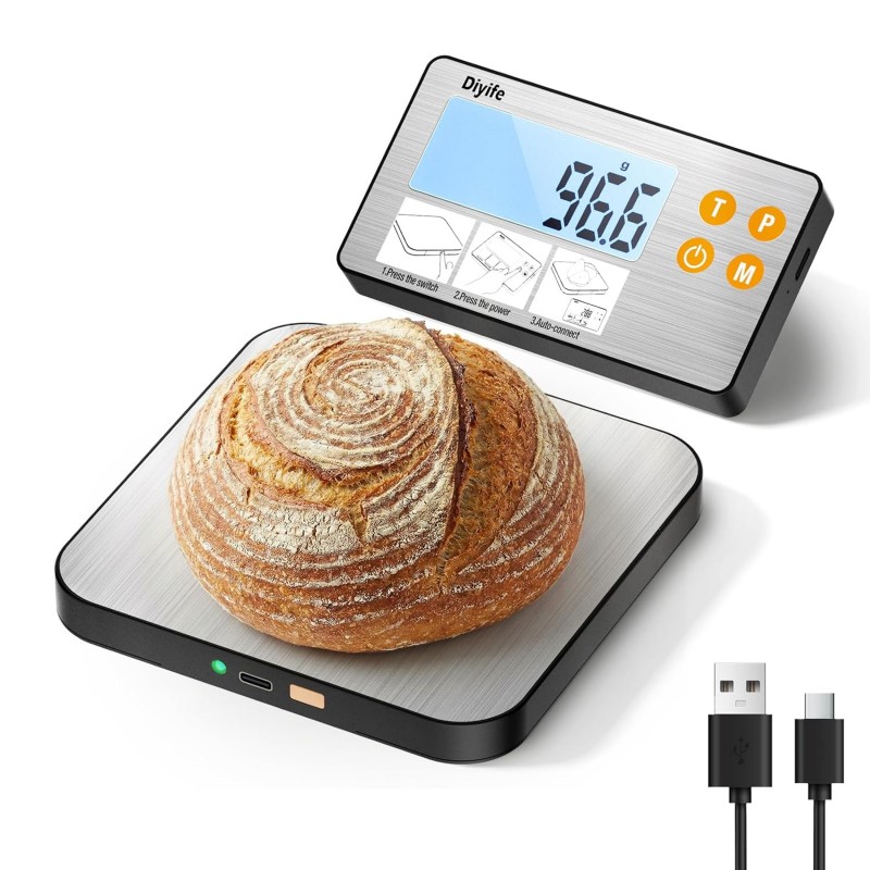 Rechargeable Split Food Scale, Diyife 33lb Digital Kitchen Scales with Split Display, 1g/0.1oz High Accurate, Food-Grade 304 Stainless Steel, 7 Units, Backlit LCD, for Cooking, Baking, Meal Prep