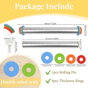Adjustable Rolling Pin with 4 Thickness Rings for Baking, 17” Stainless Steel Dough Roller with Clear Measurement Markings for Pizza, Fondant, Pie, Cookies, Baking Supplies, Pastry, Pasta