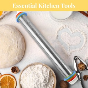 Adjustable Rolling Pin with 4 Thickness Rings for Baking, 17” Stainless Steel Dough Roller with Clear Measurement Markings for Pizza, Fondant, Pie, Cookies, Baking Supplies, Pastry, Pasta