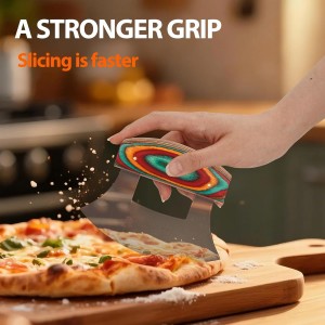 Pizza Cutter Rocker Knife, Sharp Ulu Knife with Wooden handle, Stainless Steel Blade Mincing Knives with Colored Wood Stand