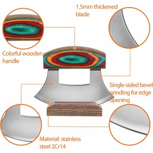 Pizza Cutter Rocker Knife, Sharp Ulu Knife with Wooden handle, Stainless Steel Blade Mincing Knives with Colored Wood Stand