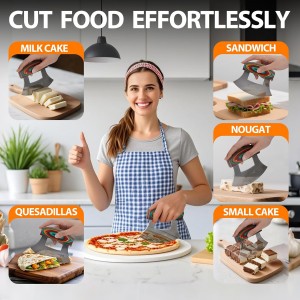 Pizza Cutter Rocker Knife, Sharp Ulu Knife with Wooden handle, Stainless Steel Blade Mincing Knives with Colored Wood Stand