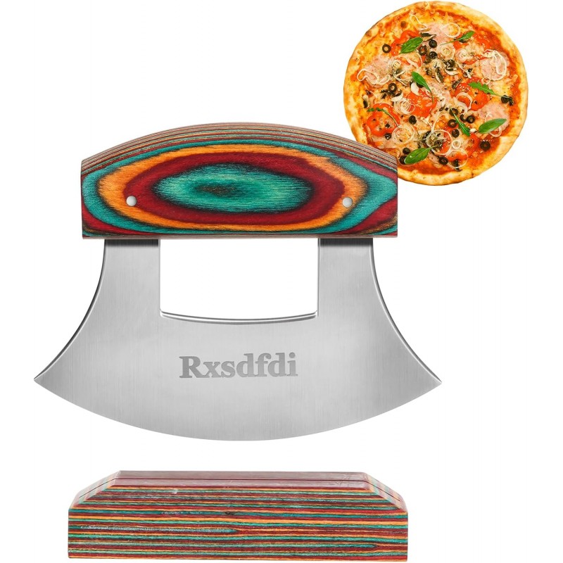 Pizza Cutter Rocker Knife, Sharp Ulu Knife with Wooden handle, Stainless Steel Blade Mincing Knives with Colored Wood Stand