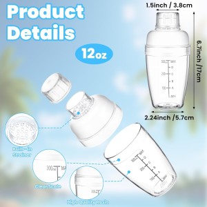 12 Pcs Plastic Cocktail Shaker Drink Mixer with Scales and Strainer Top Clear Shaker Cup with Measurement Plastic Bar Mixing Tool for Tea Coffee Bubble Tea Milk(350 Cc/ 12 oz)