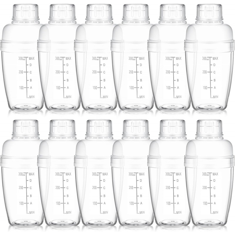 12 Pcs Plastic Cocktail Shaker Drink Mixer with Scales and Strainer Top Clear Shaker Cup with Measurement Plastic Bar Mixing Tool for Tea Coffee Bubble Tea Milk(350 Cc/ 12 oz)