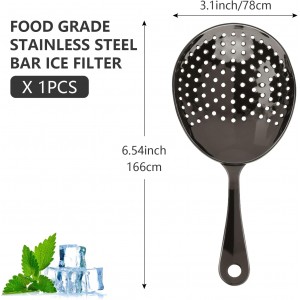 Julep Strainer, 304 Stainless Steel Cocktail Strainer with Rounded Handle, Bartender Tool for Mixing Glasses and Shakers, Professional Bar Accessory for Home or Bar Use (1, Black)