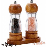 Salt and Pepper Grinder Set Wood and Acrylic - 6.3 Inch Oak Pepper Mill with Visible Window & Storage Tray - Adjustable Coarseness Ceramic Rotor, Manual Spice Grinders for Kitchen Table