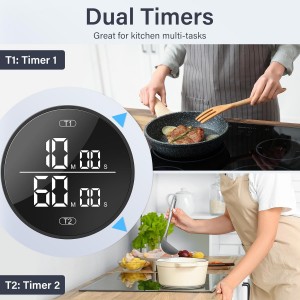 Dual Digital Kitchen Timer for Cooking, 199 Minutes Countdown & Stopwatch, Productivity Timer for Fridge, Big Digits, High-Definition Display, Rotary Adjustment, 3 Volumes, 2 Brightness Levels, Black