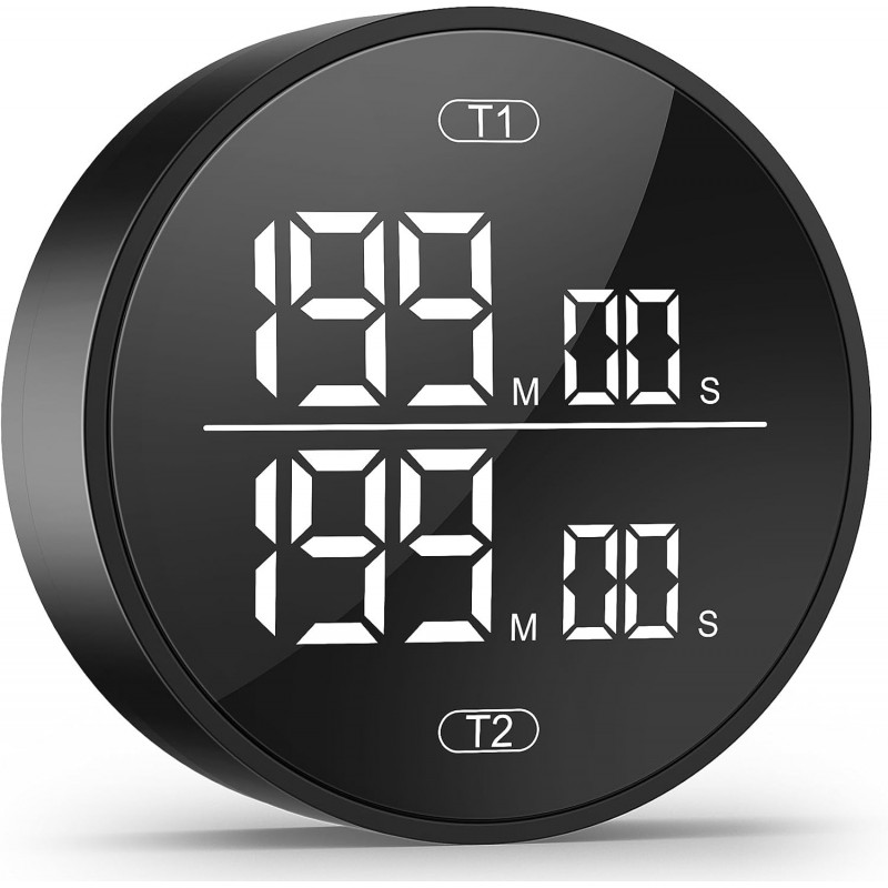 Dual Digital Kitchen Timer for Cooking, 199 Minutes Countdown & Stopwatch, Productivity Timer for Fridge, Big Digits, High-Definition Display, Rotary Adjustment, 3 Volumes, 2 Brightness Levels, Black