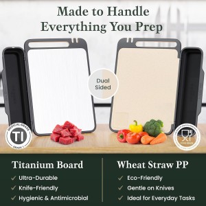 PURE-PREP Titanium Cutting Boards for Kitchen - Titanium Cutting Board Set for Kitchen Use - Metal Chopping Board with Collapsible Catch, Grater, Knife Sharpener, Double-Sided Design - Large 16”x11”