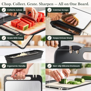 PURE-PREP Titanium Cutting Boards for Kitchen - Titanium Cutting Board Set for Kitchen Use - Metal Chopping Board with Collapsible Catch, Grater, Knife Sharpener, Double-Sided Design - Large 16”x11”