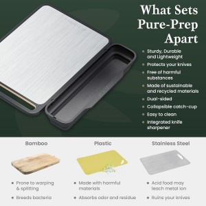 PURE-PREP Titanium Cutting Boards for Kitchen - Titanium Cutting Board Set for Kitchen Use - Metal Chopping Board with Collapsible Catch, Grater, Knife Sharpener, Double-Sided Design - Large 16”x11”