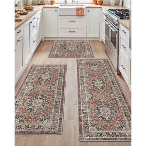 DEXI Kitchen Floor Mats 3 Pieces Non Slip, Washable Runner Rugs Absorbent,Thin Standing Carpet Soft Comfort for Sink Hallway Entryway Laundry Room Boho Decor, Rust