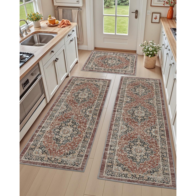 DEXI Kitchen Floor Mats 3 Pieces Non Slip, Washable Runner Rugs Absorbent,Thin Standing Carpet Soft Comfort for Sink Hallway Entryway Laundry Room Boho Decor, Rust