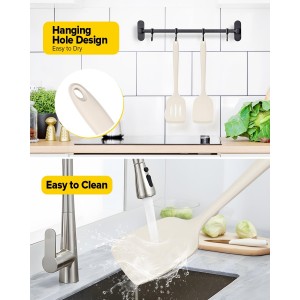 Pack of 2 Silicone Spatula Turners, Non Stick Slotted Kitchen Spatula Set, Heat Resistant BPA Free Kitchen Utensils, One-Piece Design, Suitable for Flipping Fish, Eggs, Steak, Pancakes(KHAKI)