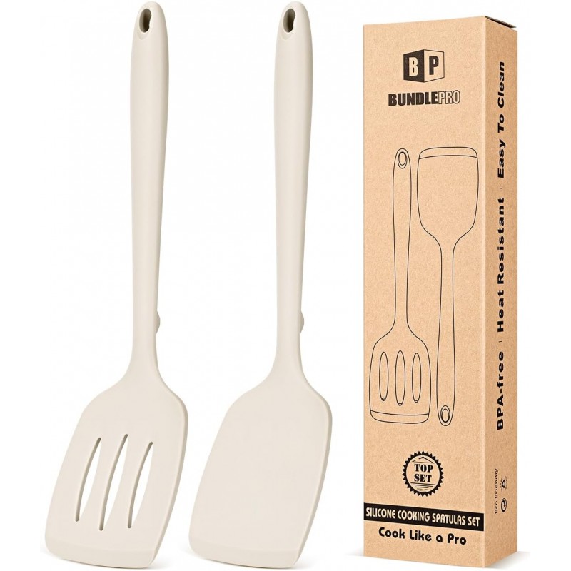 Pack of 2 Silicone Spatula Turners, Non Stick Slotted Kitchen Spatula Set, Heat Resistant BPA Free Kitchen Utensils, One-Piece Design, Suitable for Flipping Fish, Eggs, Steak, Pancakes(KHAKI)