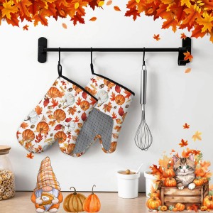 Thanksgiving Pumpkin Oven Mitts and Pot Holders, Fall Oven Mitts Sets of 3 for Cooking Lover Kitchen Decor, Pumpkins Heat Resistant Non-Slip Silicone Kitchen Glove Gifts for Mom Wife Sister BFF