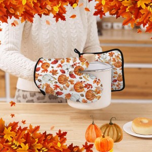 Thanksgiving Pumpkin Oven Mitts and Pot Holders, Fall Oven Mitts Sets of 3 for Cooking Lover Kitchen Decor, Pumpkins Heat Resistant Non-Slip Silicone Kitchen Glove Gifts for Mom Wife Sister BFF