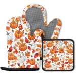 Thanksgiving Pumpkin Oven Mitts and Pot Holders, Fall Oven Mitts Sets of 3 for Cooking Lover Kitchen Decor, Pumpkins Heat Resistant Non-Slip Silicone Kitchen Glove Gifts for Mom Wife Sister BFF