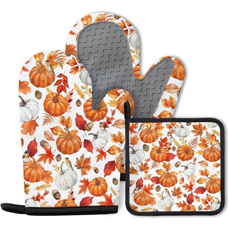 Thanksgiving Pumpkin Oven Mitts and Pot Holders, Fall Oven Mitts Sets of 3 for Cooking Lover Kitchen Decor, Pumpkins Heat Resistant Non-Slip Silicone Kitchen Glove Gifts for Mom Wife Sister BFF