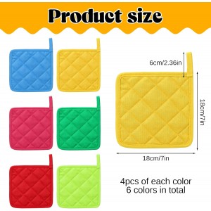 24 Pcs Cotton Pot Holders for Kitchen, Multicolor Square Pot Holders Heat Resistant Potholders Bulk Quilted Potholders with Hanging Loops Hot Pads for Cooking Baking, 7 X 7 Inch