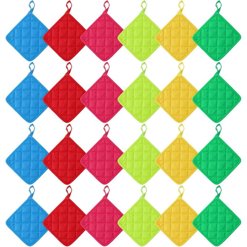 24 Pcs Cotton Pot Holders for Kitchen, Multicolor Square Pot Holders Heat Resistant Potholders Bulk Quilted Potholders with Hanging Loops Hot Pads for Cooking Baking, 7 X 7 Inch