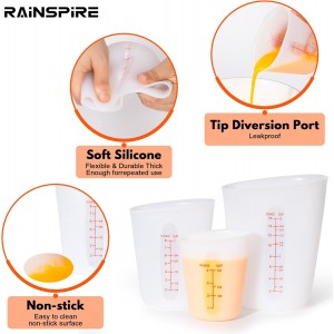 Rainspire Upgraded 3 Piece Silicone Measuring Cup Sets Squeeze & Pour Liquid Measuring Cups Flexible Chocolate Melting Cup Baking Supplies Chef Gifts