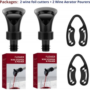 2-Pack Wine Aerator Pourer Spout With 2 Pack Wine Foil Cutter Tool, 2-in-1 Aerator Wine Pourer Wine Stopper, No Drip and No Spill Aerator for Wine Lovers, Gift Box Included - Black