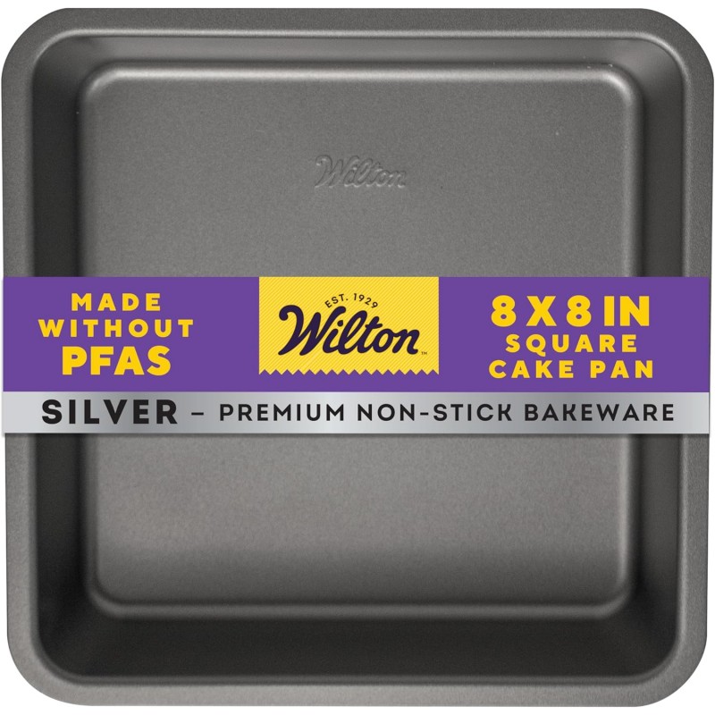Wilton Silver Non-Stick 8 x 8 Inch Square Brownie Cake Pan, Cold-Rolled Steel Bakeware, Made without PFAS, Packaging May Vary