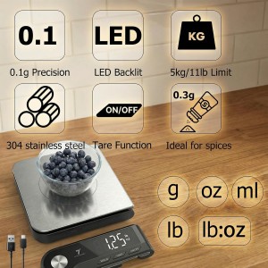 11lb Digital Kitchen Food Scale with Pull Out Display & Meat Thermometer, 0.1g Precision Wireless Scale for Baking, 304 Stainless Steel, LED Screen, 5 Units, USB Rechargeable