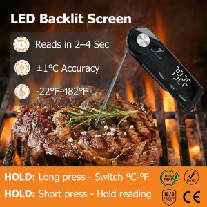 11lb Digital Kitchen Food Scale with Pull Out Display & Meat Thermometer, 0.1g Precision Wireless Scale for Baking, 304 Stainless Steel, LED Screen, 5 Units, USB Rechargeable