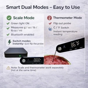 11lb Digital Kitchen Food Scale with Pull Out Display & Meat Thermometer, 0.1g Precision Wireless Scale for Baking, 304 Stainless Steel, LED Screen, 5 Units, USB Rechargeable