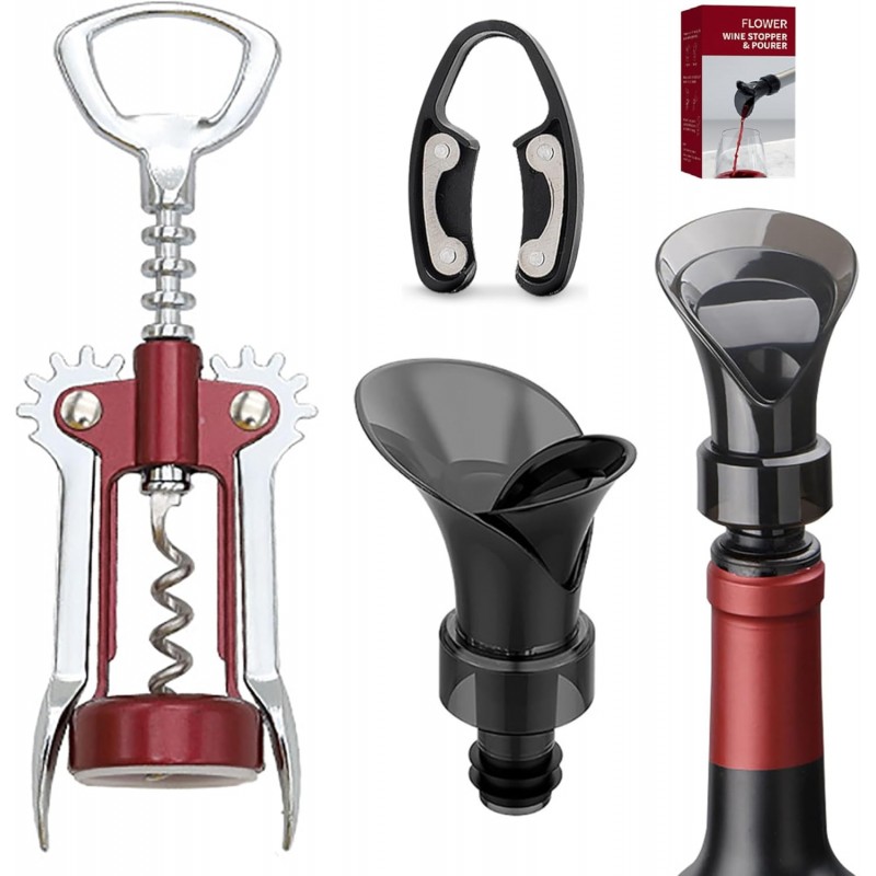 Wine Opener, Zinc Alloy Premium Wing Corkscrew Wine Bottle Opener with Wine Aerator Pourer Spout and Wine Foil Cutter Tool, Multifunctional Wine Cork Opener Bottler Opener Remover