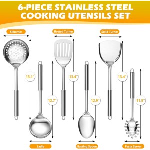 E-far 6-Piece Cooking Utensils Set, Stainless Steel Kitchen Utensils, Metal Heat Resistant Kitchen Tools Set Including Spoon, Soup Ladle, Slotted/Solid Turner, Skimmer, Pasta Server, Dishwasher Safe