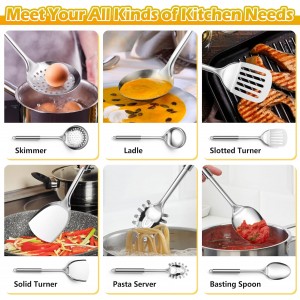 E-far 6-Piece Cooking Utensils Set, Stainless Steel Kitchen Utensils, Metal Heat Resistant Kitchen Tools Set Including Spoon, Soup Ladle, Slotted/Solid Turner, Skimmer, Pasta Server, Dishwasher Safe
