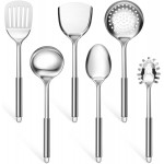 E-far 6-Piece Cooking Utensils Set, Stainless Steel Kitchen Utensils, Metal Heat Resistant Kitchen Tools Set Including Spoon, Soup Ladle, Slotted/Solid Turner, Skimmer, Pasta Server, Dishwasher Safe