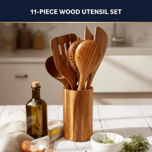 Home Hero Wooden Utensil Set 11 Pcs – Natural Teak Wooden Kitchen Utensils Set with Sturdy, Easy-to-Clean Wooden Spoons for Cooking – Non-Scratch Teak Cooking Utensils (11 pcs)