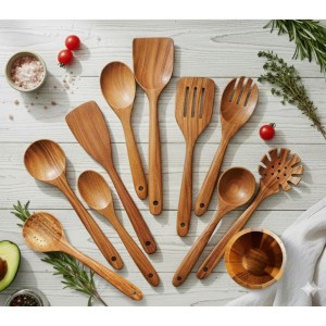 Home Hero Wooden Utensil Set 11 Pcs – Natural Teak Wooden Kitchen Utensils Set with Sturdy, Easy-to-Clean Wooden Spoons for Cooking – Non-Scratch Teak Cooking Utensils (11 pcs)