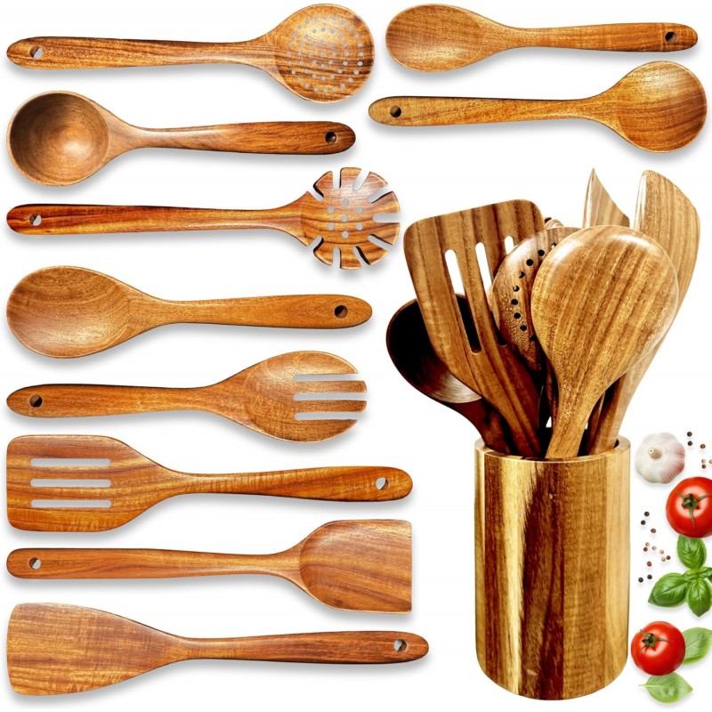 Home Hero Wooden Utensil Set 11 Pcs – Natural Teak Wooden Kitchen Utensils Set with Sturdy, Easy-to-Clean Wooden Spoons for Cooking – Non-Scratch Teak Cooking Utensils (11 pcs)