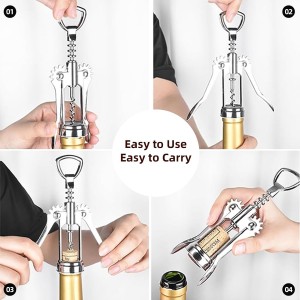 Wing Corkscrew Wine Opener, Premium Zinc Alloy Manual Bottle Opener, Heavy Duty Multifunctional Tool for Kitchen, Bar, Restaurant & Waiters (Silver)