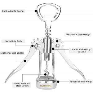 Wing Corkscrew Wine Opener, Premium Zinc Alloy Manual Bottle Opener, Heavy Duty Multifunctional Tool for Kitchen, Bar, Restaurant & Waiters (Silver)