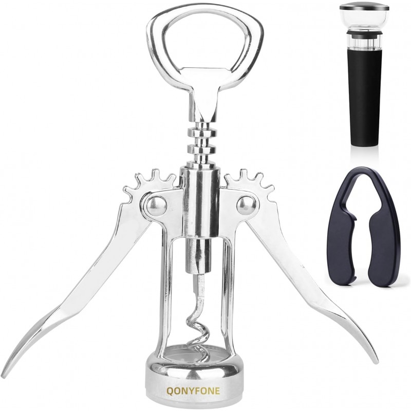 Wing Corkscrew Wine Opener, Premium Zinc Alloy Manual Bottle Opener, Heavy Duty Multifunctional Tool for Kitchen, Bar, Restaurant & Waiters (Silver)