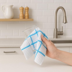 DecorRack 10 Pack Kitchen Towels, 12x12 inch Absorbent Dish Cloths, 100% Cotton Hand Towels, Waffle Weave Kitchen Dish Towels, Plaid Pattern Cleaning Rags, Turquoise (Pack of 10)